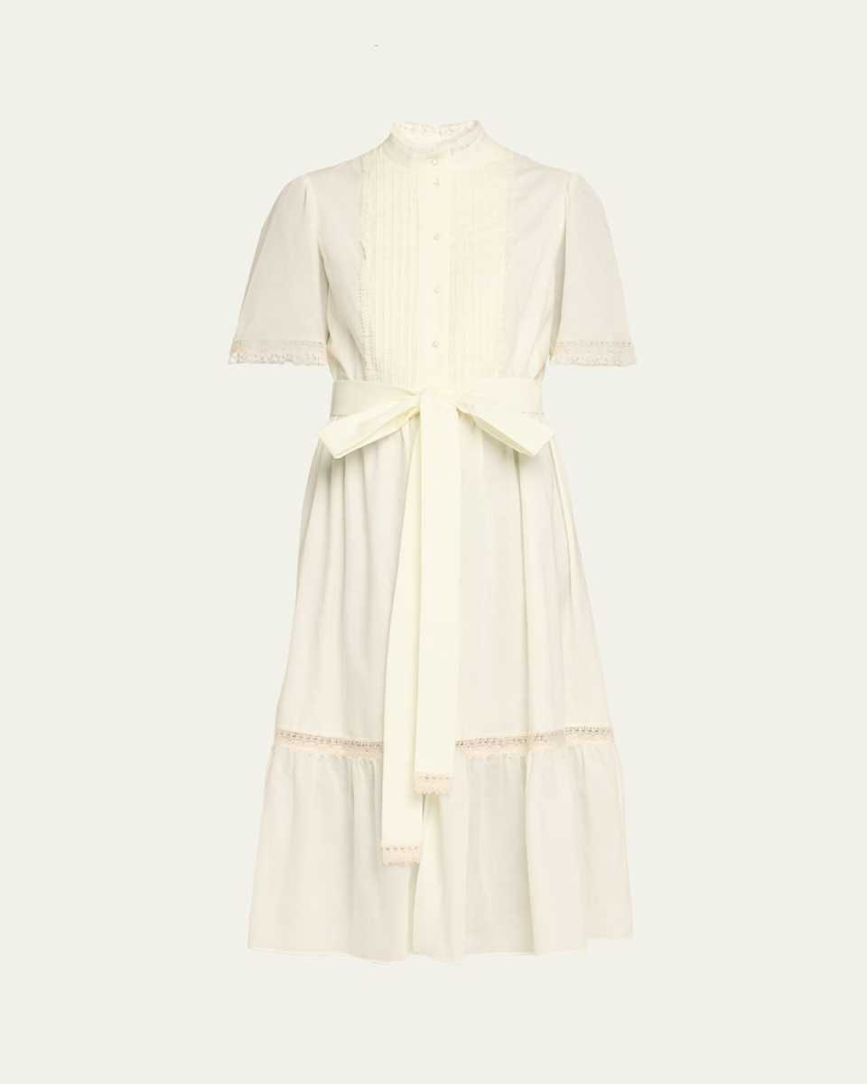 Short-Sleeve Belted Lace-Trim Shirtdress